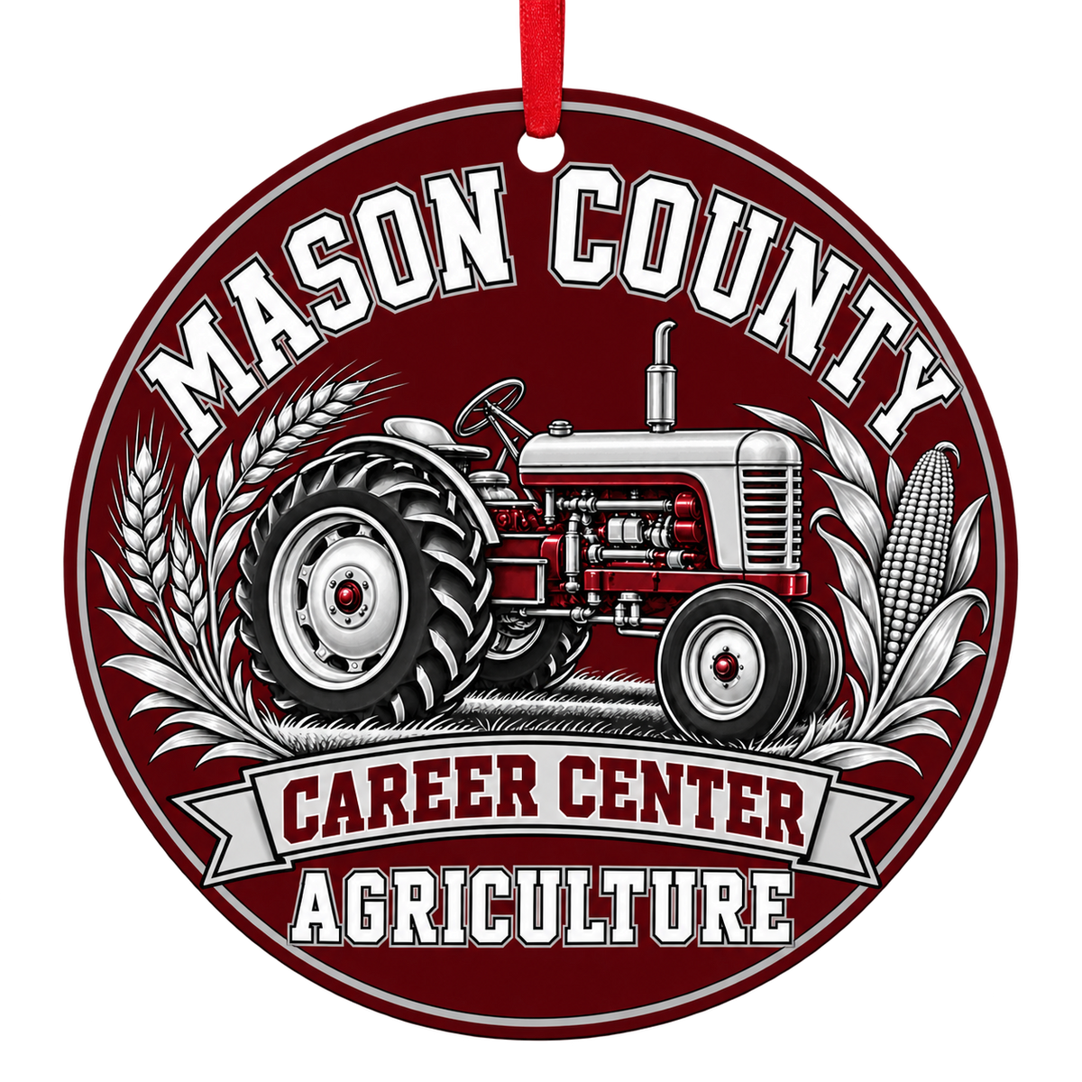 Mason County Career Center agriculture Christmas ornament with tractor, wheat and corn, red ribbon, maroon and silver design