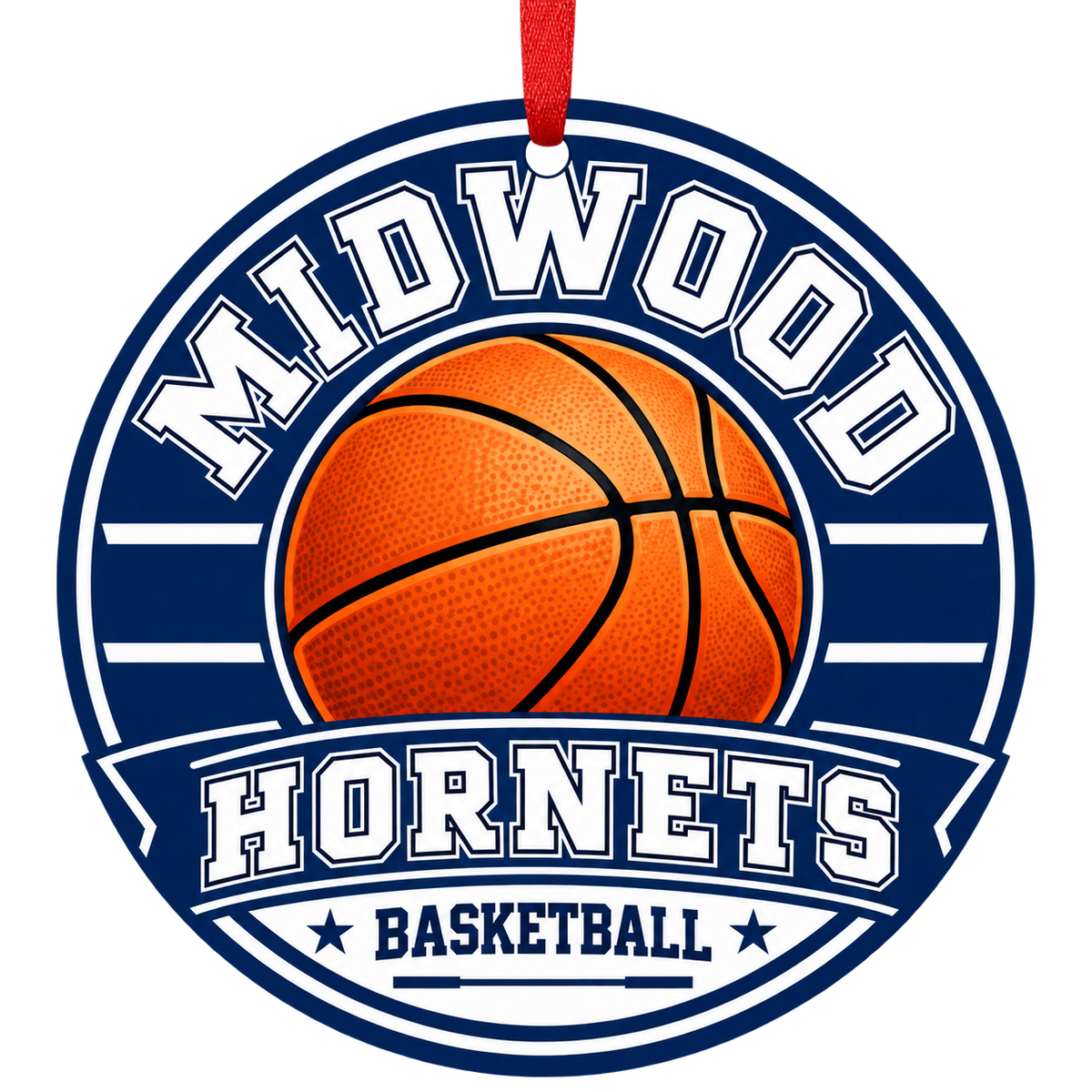 Midwood High School Hornets basketball Christmas ornament in navy blue and white with red ribbon — Brooklyn, NY