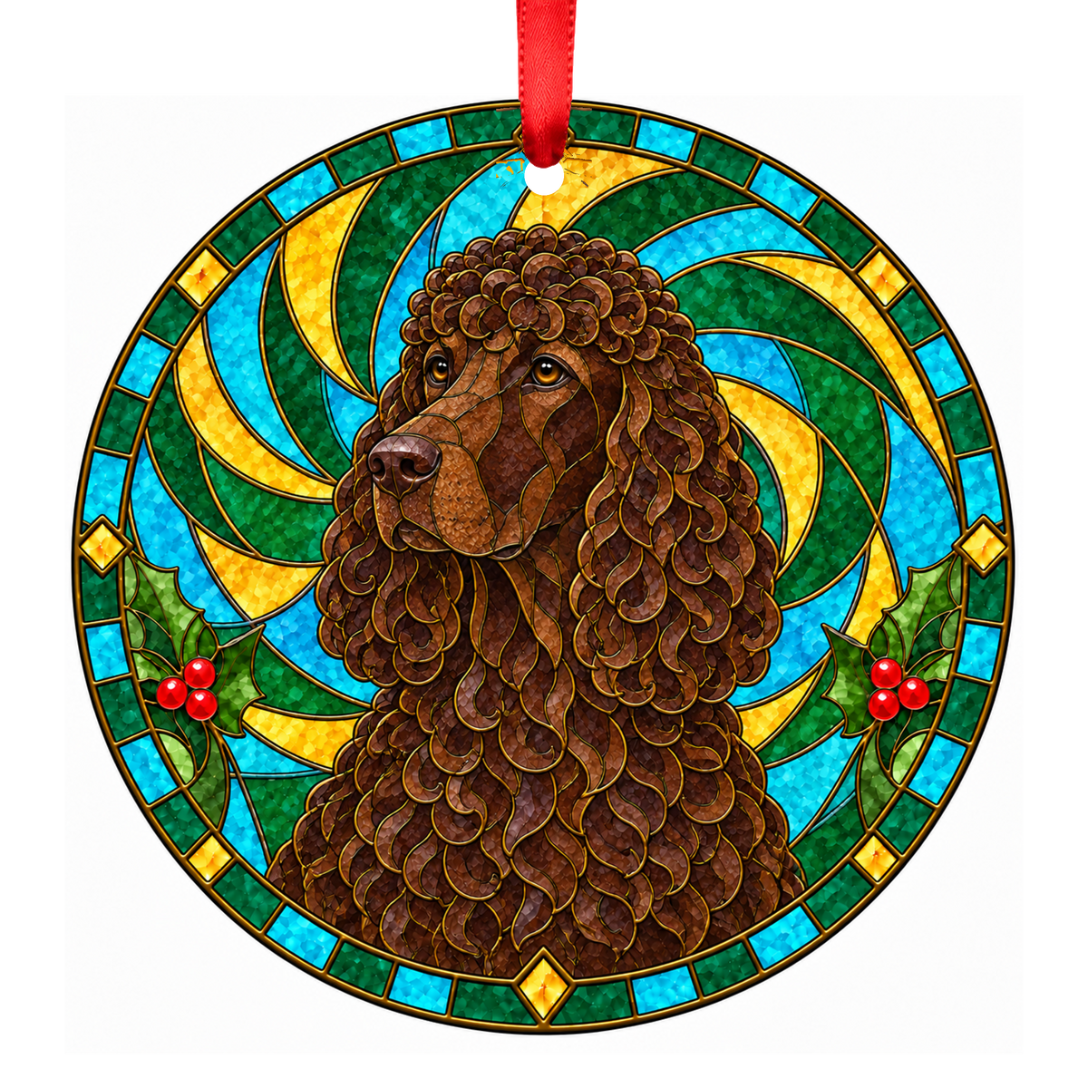 Irish Water Spaniel Liver porcelain Christmas ornament with red ribbon — ORN-11028