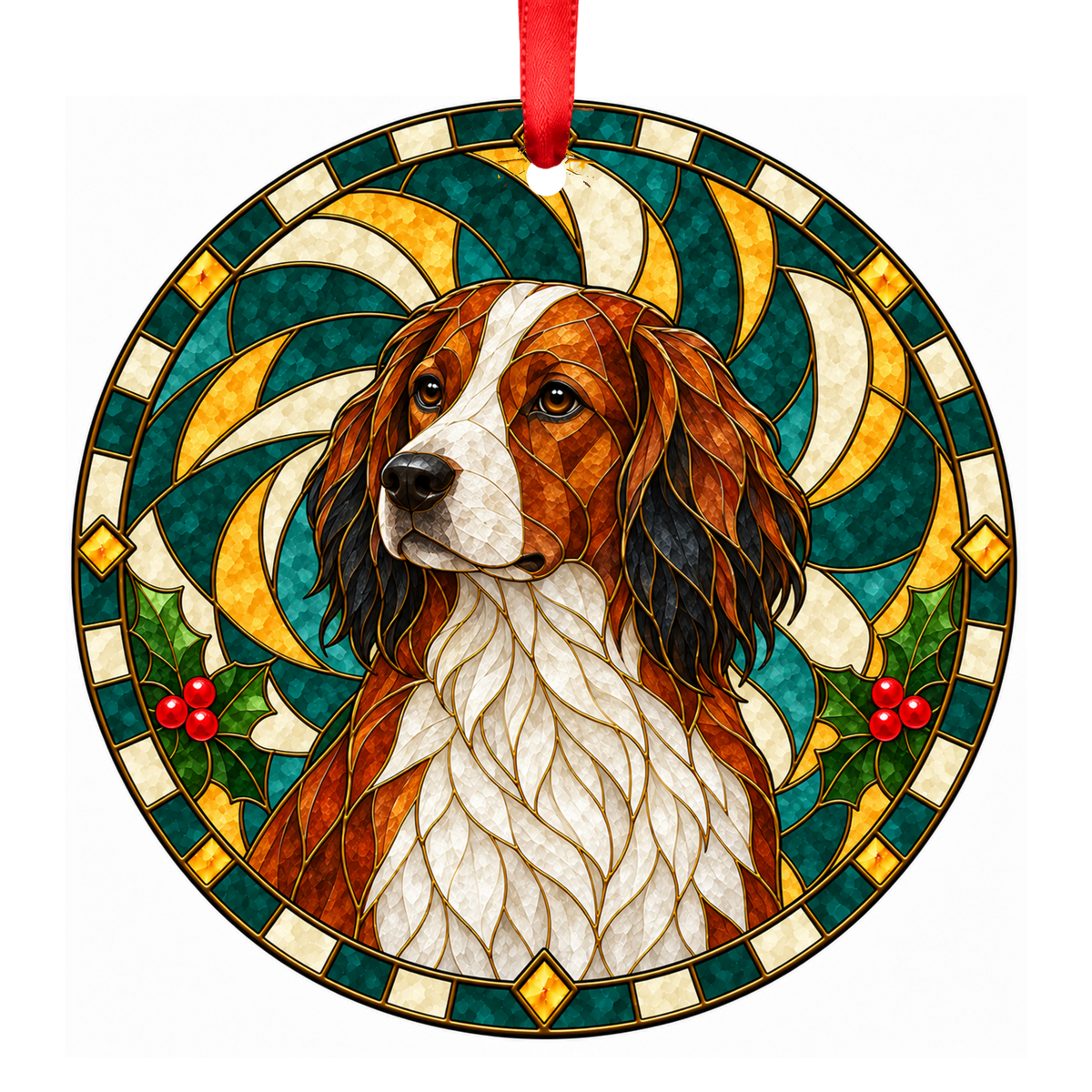 Nederlandse Kooikerhondje Orange and White stained glass pet Christmas ornament