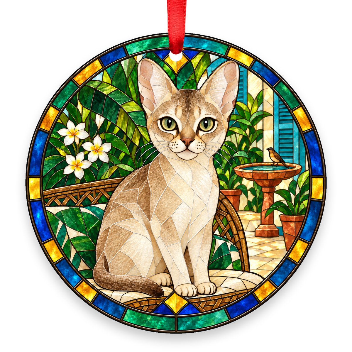 Singapura Sepia Agouti stained glass style Christmas ornament with red ribbon