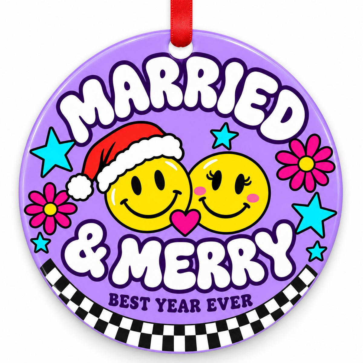 90s Smiley Married & Merry Wedding Christmas Ornament with red hanging ribbon