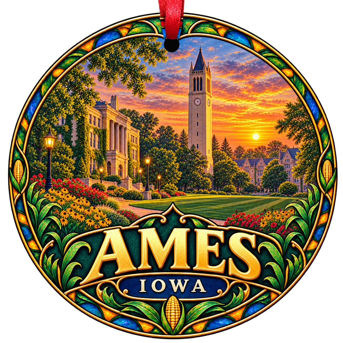 Ames Iowa stained-glass-style Christmas ornament