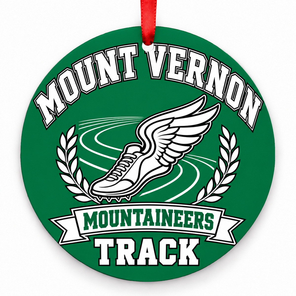 Mount Vernon High School Mountaineers Track and Field Christmas ornament in green and white