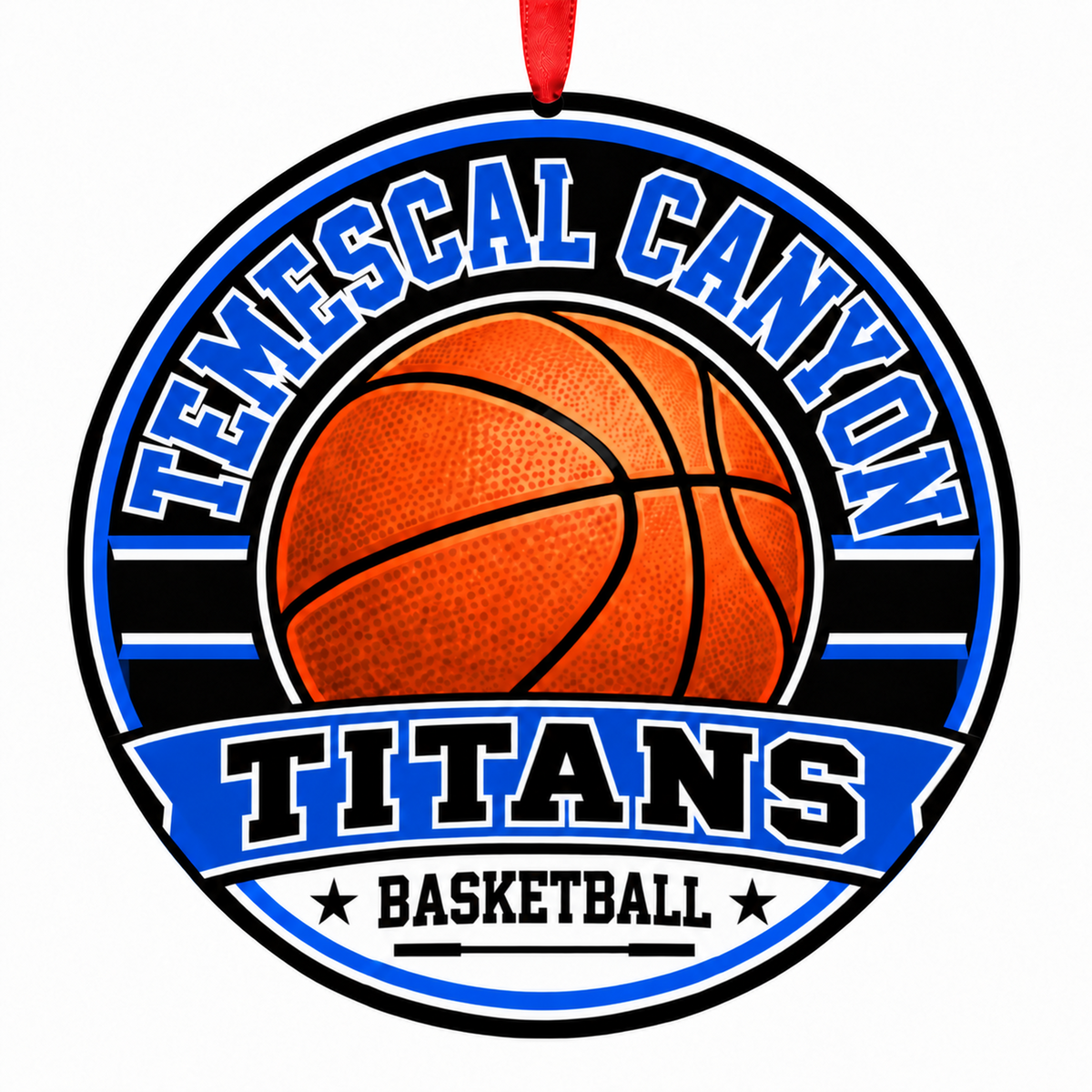 Temescal Canyon High Titans basketball Christmas ornament in blue, white, black, and grey