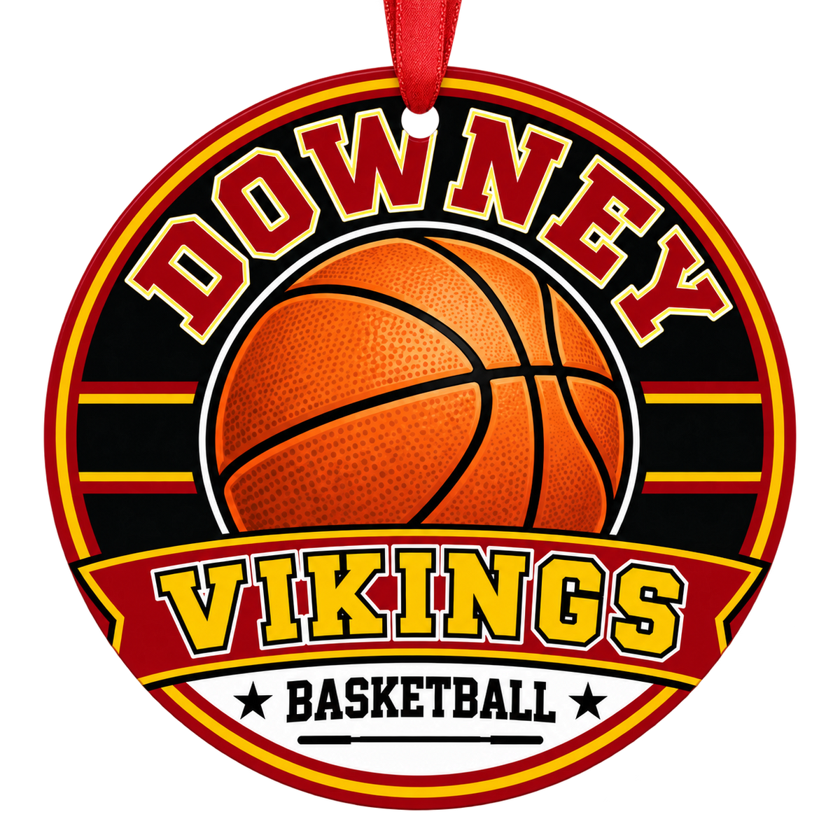 Downey High School Vikings basketball Christmas ornament with red hanging ribbon, Downey, California