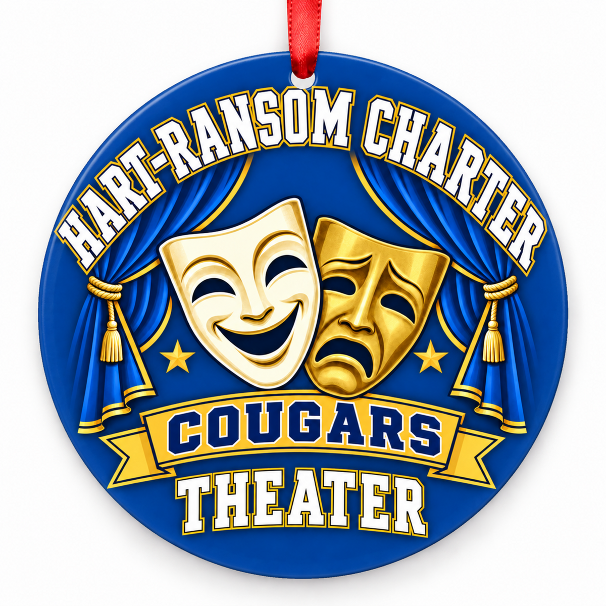 Hart-Ransom Charter Cougars Theater Christmas Ornament, Comedy & Tragedy Masks, blue, white and gold flat round ornament with red satin ribbon