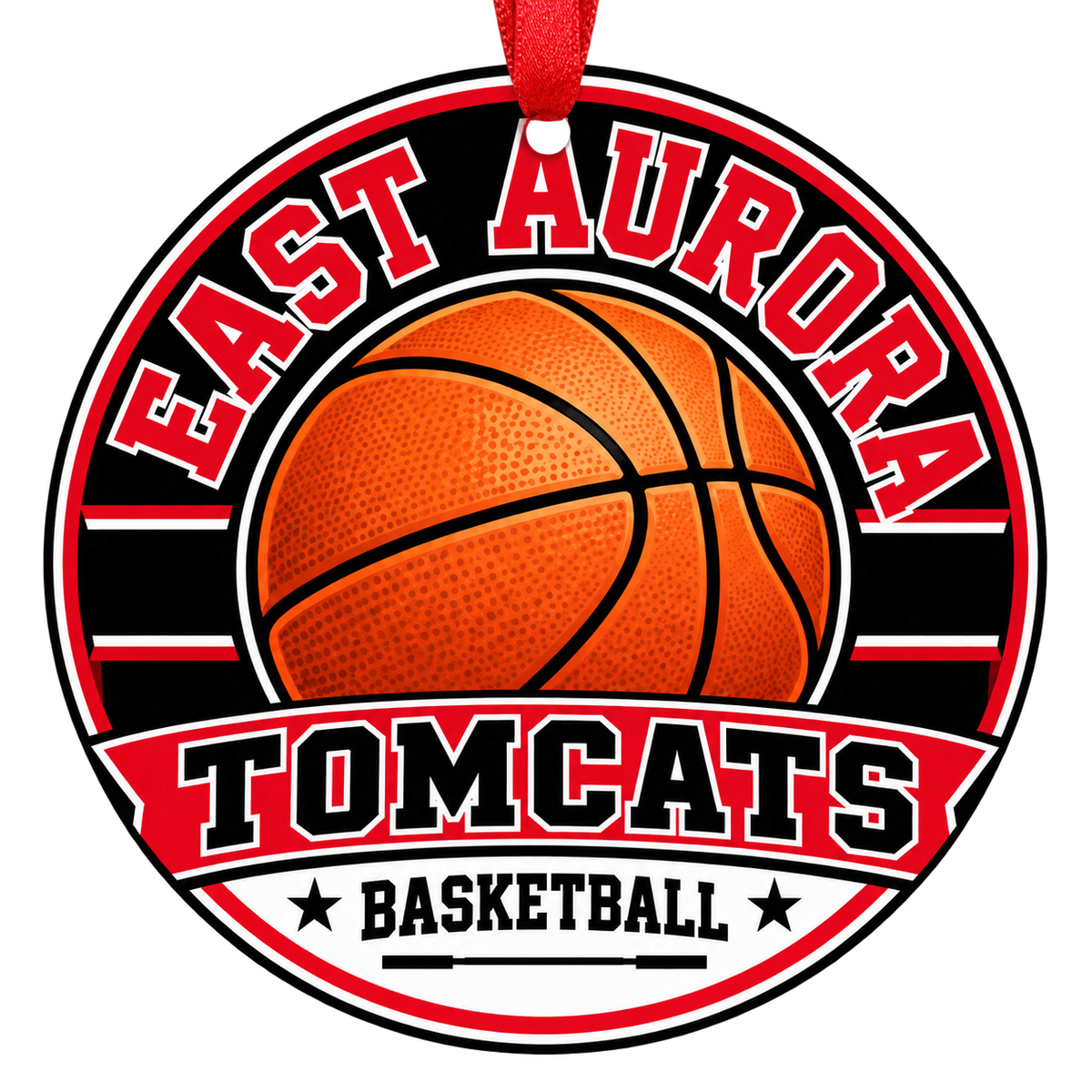 East Aurora High School Tomcats basketball Christmas ornament with red hanging ribbon, Aurora, Illinois