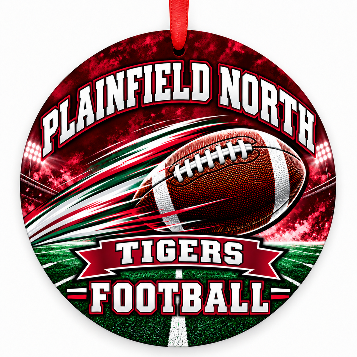 Plainfield North High School Tigers football Christmas ornament in crimson, white, and green