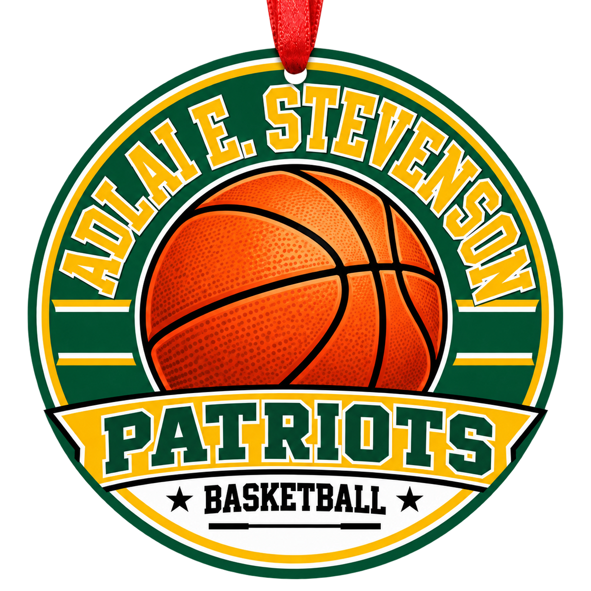 Adlai E. Stevenson High School patriots basketball Christmas ornament with red hanging ribbon, Lincolnshire, Illinois