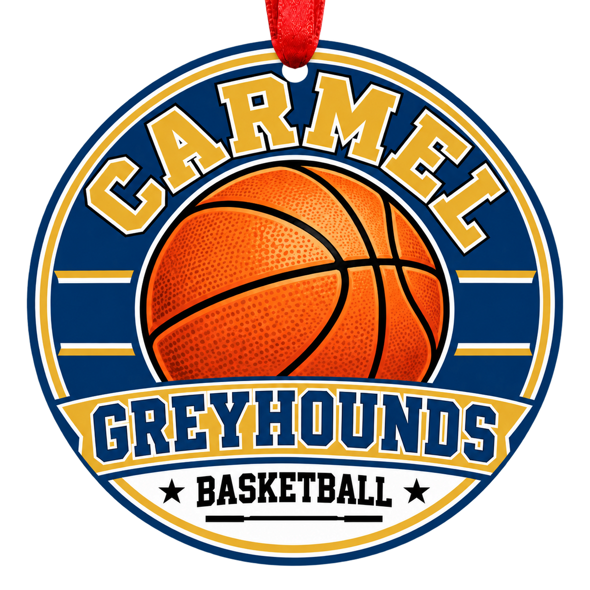 Carmel High School greyhounds basketball Christmas ornament with red hanging ribbon, Carmel, Indiana