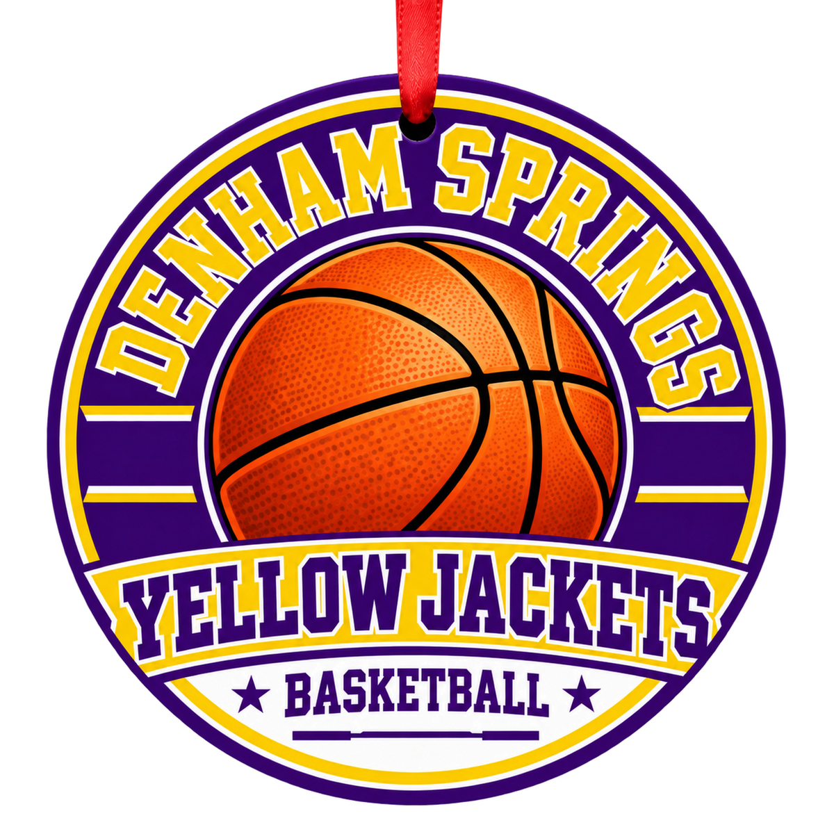 Denham Springs High School Yellow Jackets basketball Christmas ornament in purple and gold