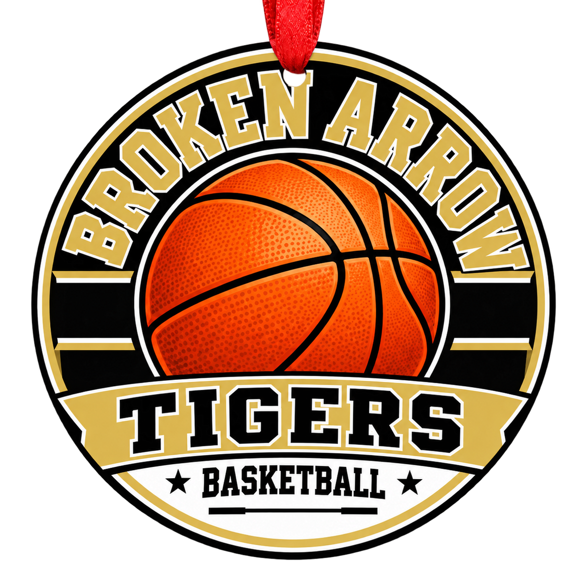 Broken Arrow High School tigers basketball Christmas ornament with red hanging ribbon, Broken Arrow, Oklahoma