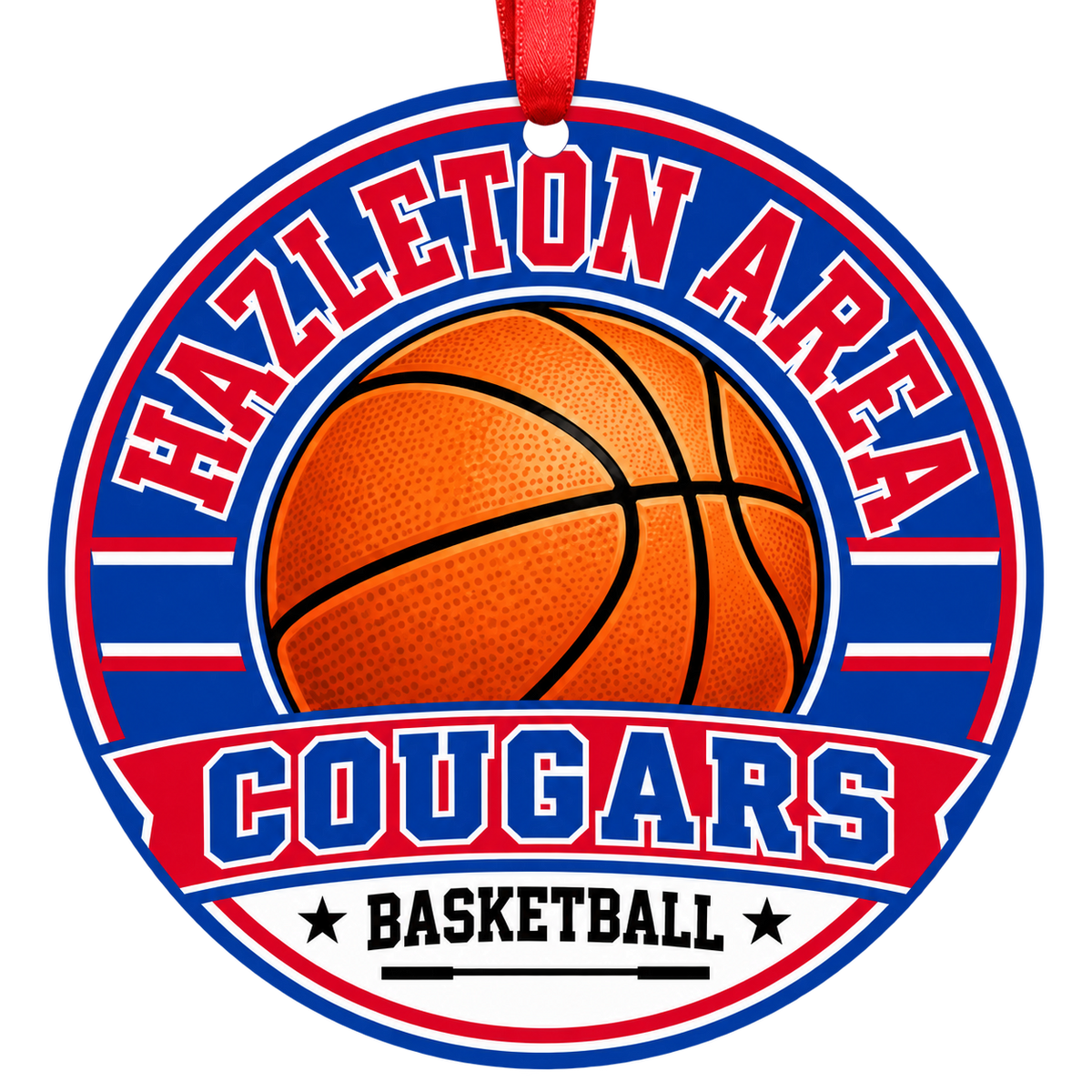 Hazleton Area High School Cougars basketball Christmas ornament with red hanging ribbon, Hazle Township, Pennsylvania