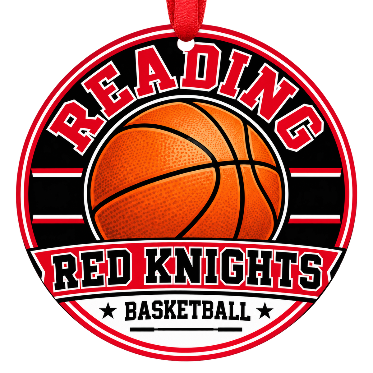 Reading Senior High School red knights basketball Christmas ornament with red hanging ribbon, Reading, Pennsylvania