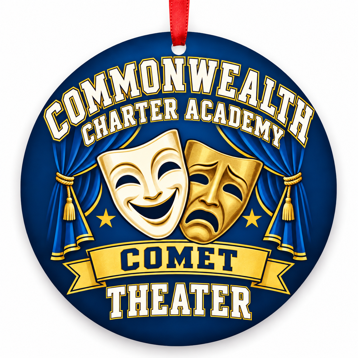 Commonwealth Charter Academy Comet Theater Christmas ornament, Masks design in blue and gold with a red ribbon