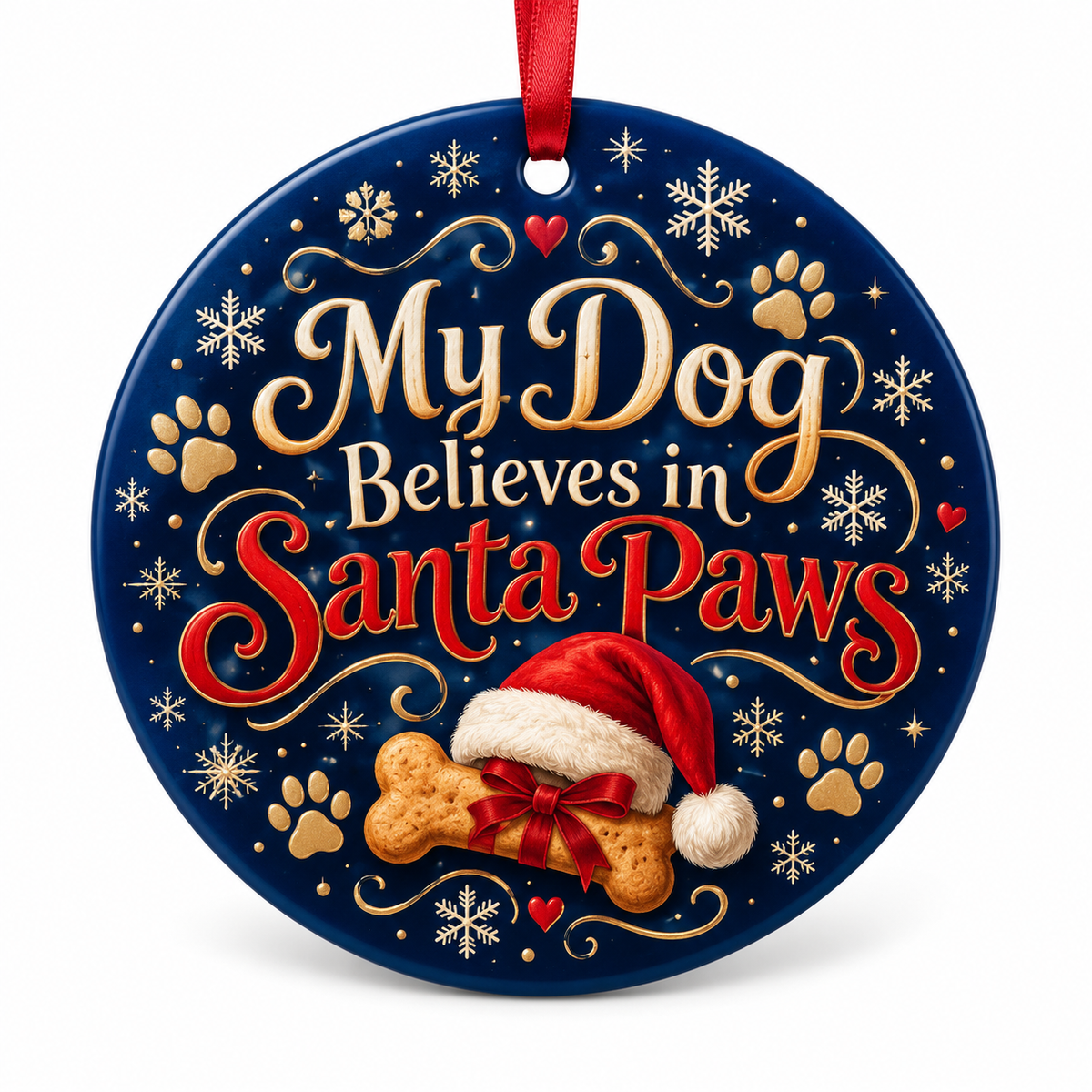 My Dog Believes in Santa Paws — round porcelain ornament with red ribbon