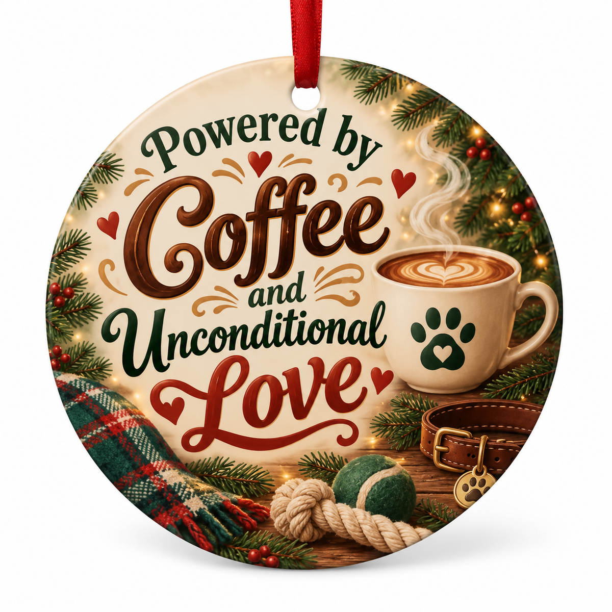 Powered by Coffee and Unconditional Love — round porcelain ornament with red ribbon