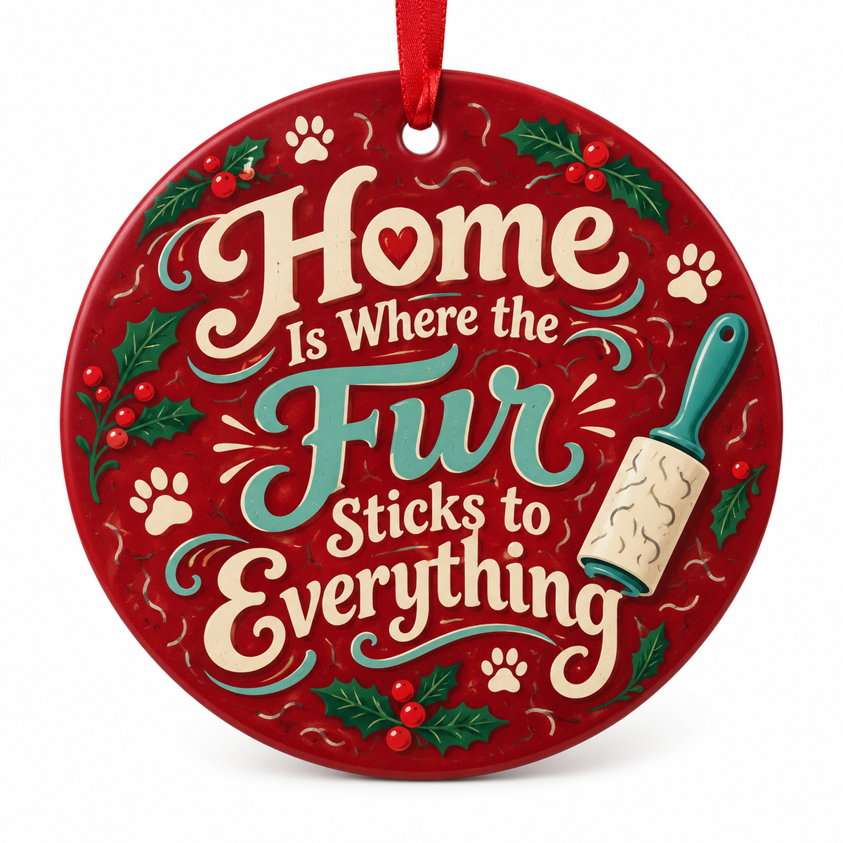 Home Is Where the Fur Sticks to Everything — round porcelain ornament with red ribbon