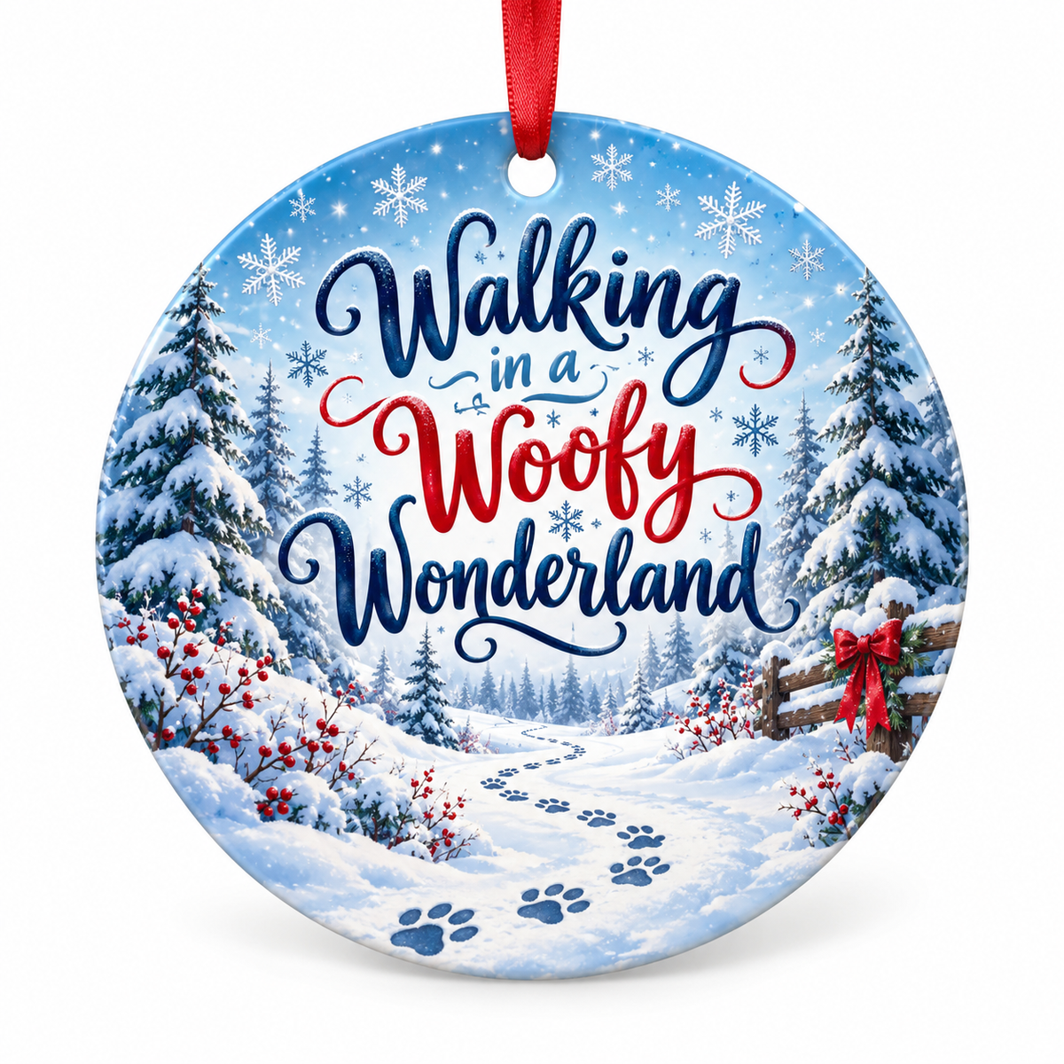 Walking in a Woofy Wonderland — round porcelain ornament with red ribbon