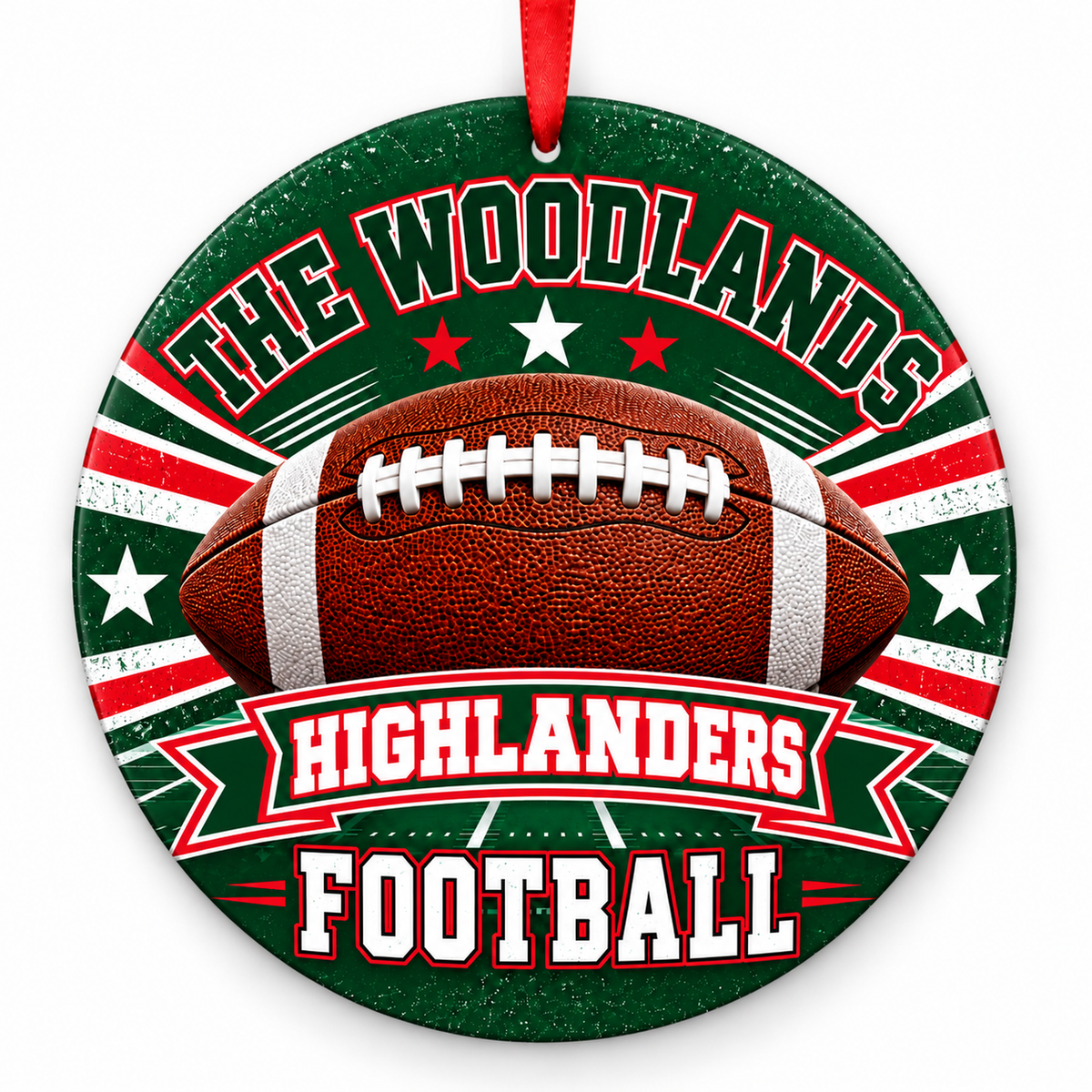 The Woodlands High School Highlanders Football ornament, Classic, hunter green, red, and white, with red satin ribbon