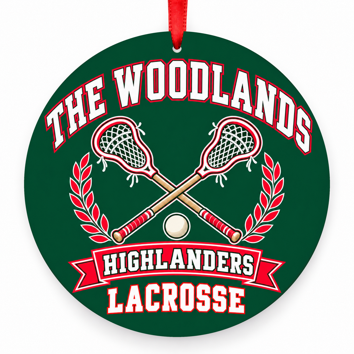 The Woodlands High School Highlanders Lacrosse Crossed Sticks ornament in hunter green, red, and white