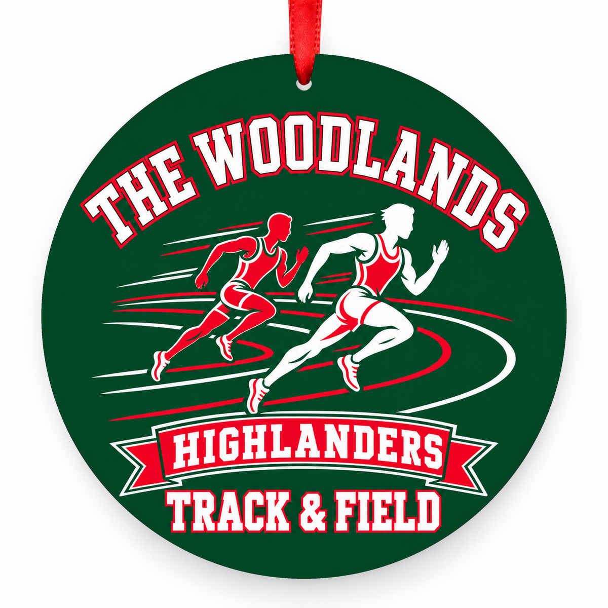 The Woodlands High School Highlanders Track & Field Runners ornament in hunter green, red, and white