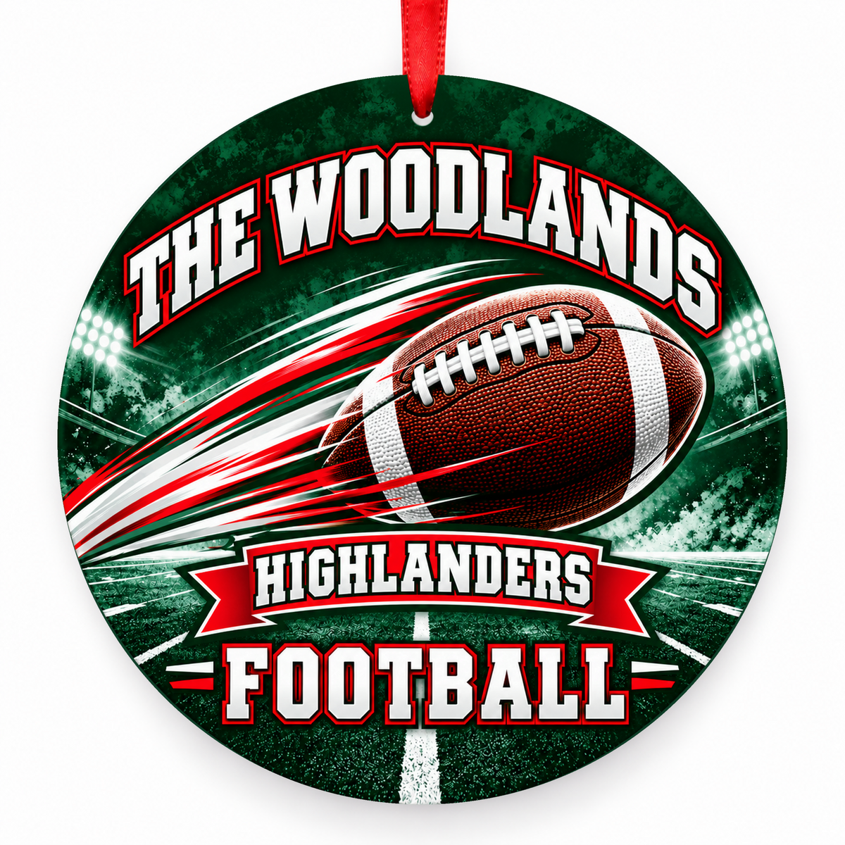 The Woodlands High School Highlanders Football ornament, Motion, hunter green, red, and white, with red satin ribbon