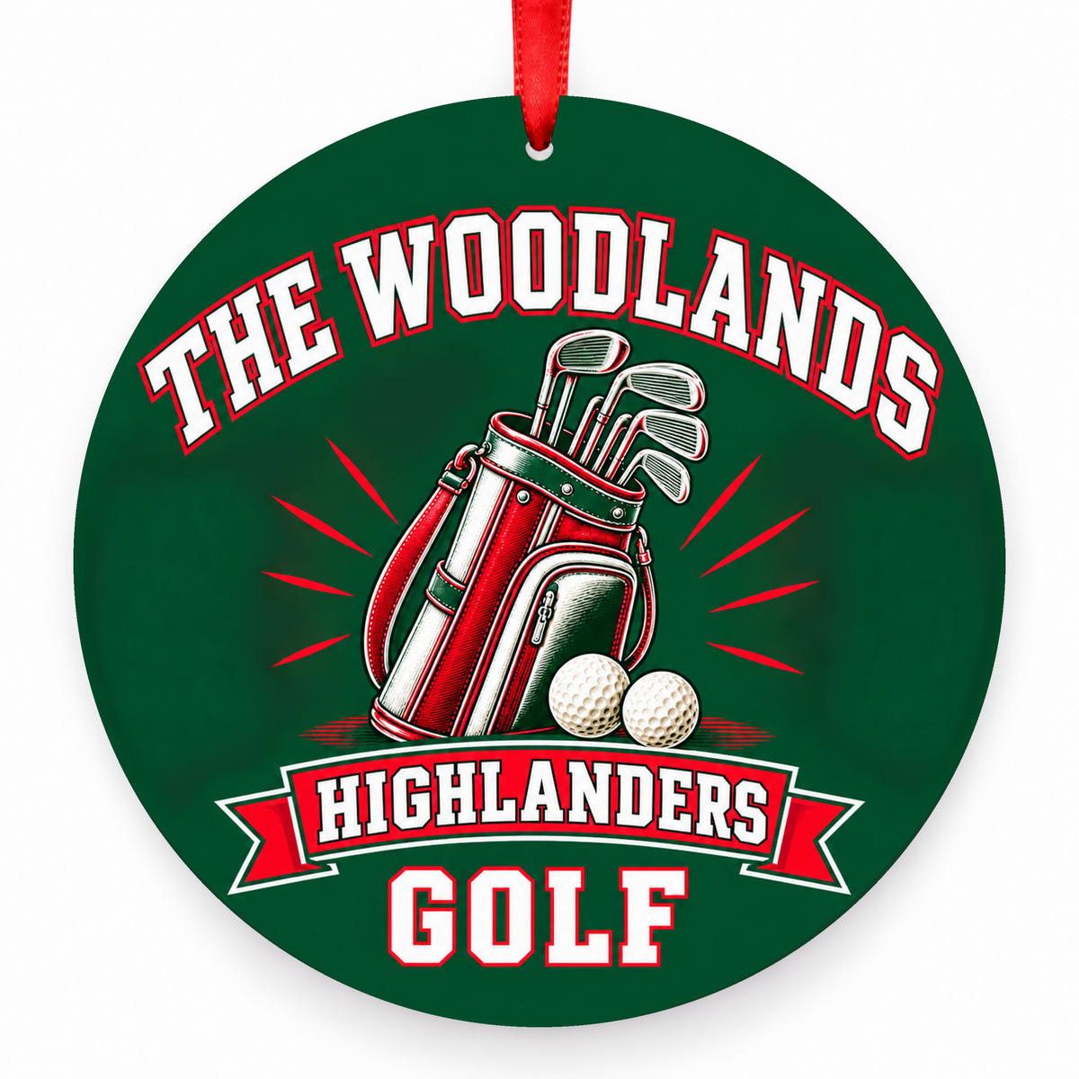 The Woodlands High School Highlanders Golf Bag Christmas Ornament in hunter green, red and white with red satin ribbon