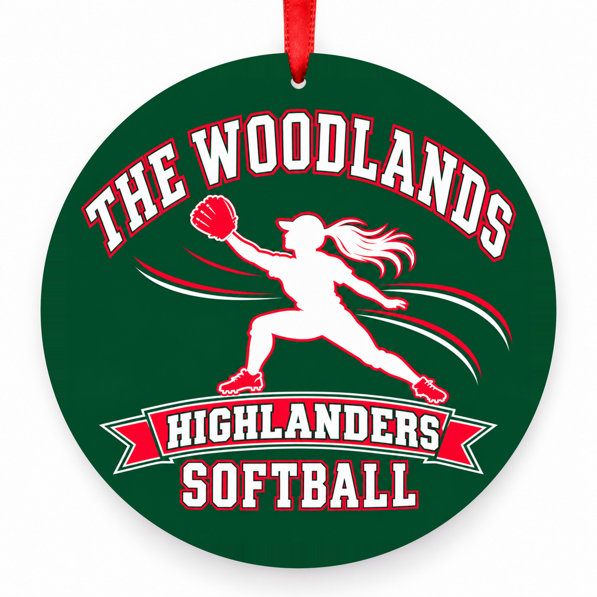 The Woodlands High School Highlanders Softball Pitcher Christmas Ornament in hunter green, red and white with red satin ribbon