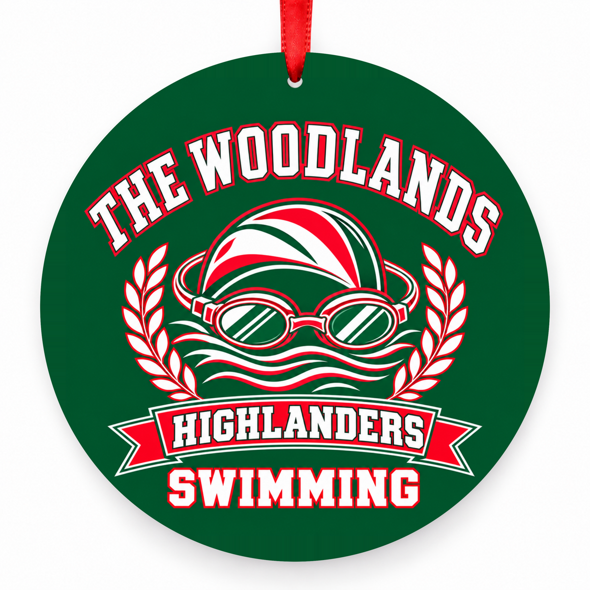 The Woodlands High School Highlanders Swimming Cap & Goggles Christmas Ornament in hunter green, red and white with red satin ribbon