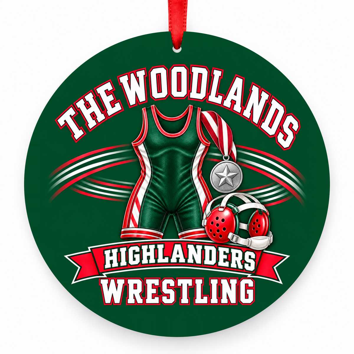 The Woodlands High School Highlanders Wrestling Singlet & Medal Christmas Ornament in hunter green, red and white with red satin ribbon