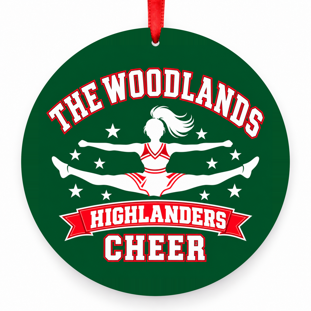 The Woodlands High School Highlanders Cheerleading Cheerleader Christmas Ornament in hunter green, red and white with red satin ribbon