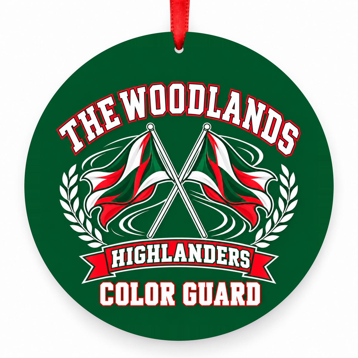 The Woodlands High School Highlanders Color Guard Crossed Flags Christmas Ornament in hunter green, red and white with red satin ribbon