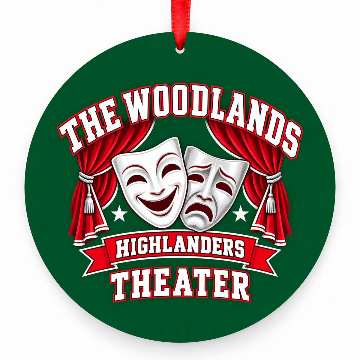 The Woodlands High School Highlanders Theater Masks & Curtains Christmas Ornament in hunter green, red and white with red satin ribbon