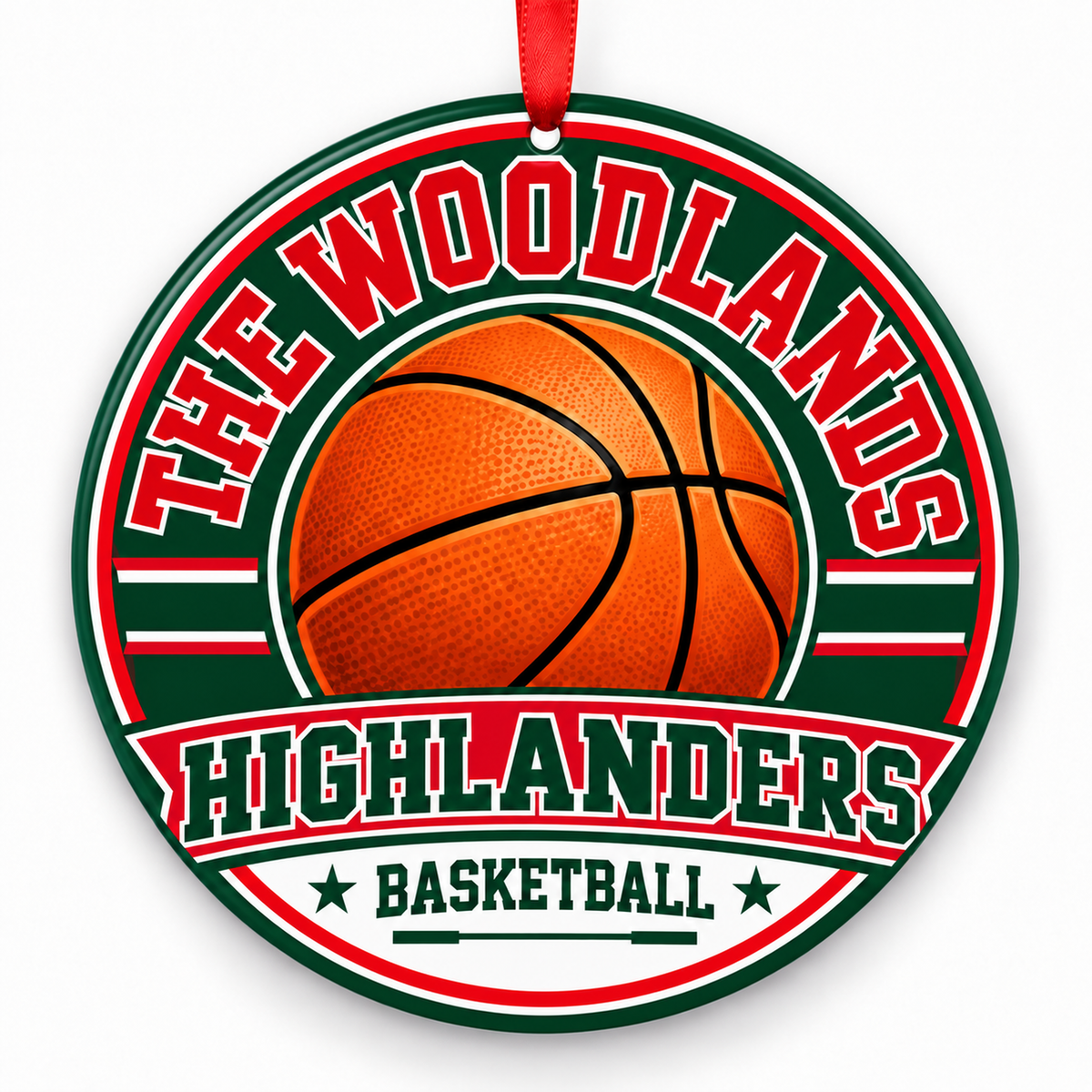 The Woodlands High School Highlanders Basketball Classic ornament in hunter green, red, and white