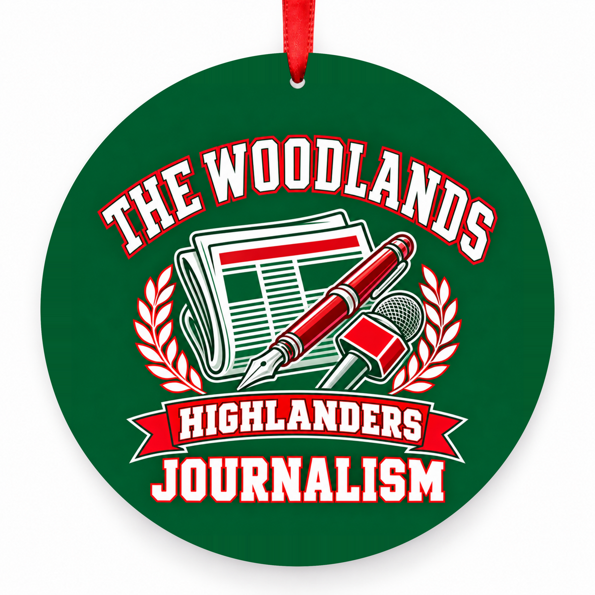 The Woodlands High School Highlanders The Caledonian Student Newspaper Newspaper, Pen & Microphone Christmas Ornament in hunter green, red and white with red satin ribbon