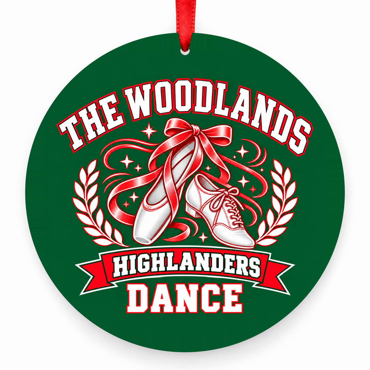 The Woodlands High School Highlanders Highsteppers Dance Dance Shoes & Ribbons Christmas Ornament in hunter green, red and white with red satin ribbon
