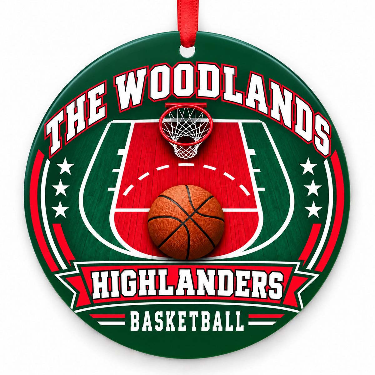 The Woodlands High School Highlanders Basketball Court ornament in hunter green, red, and white