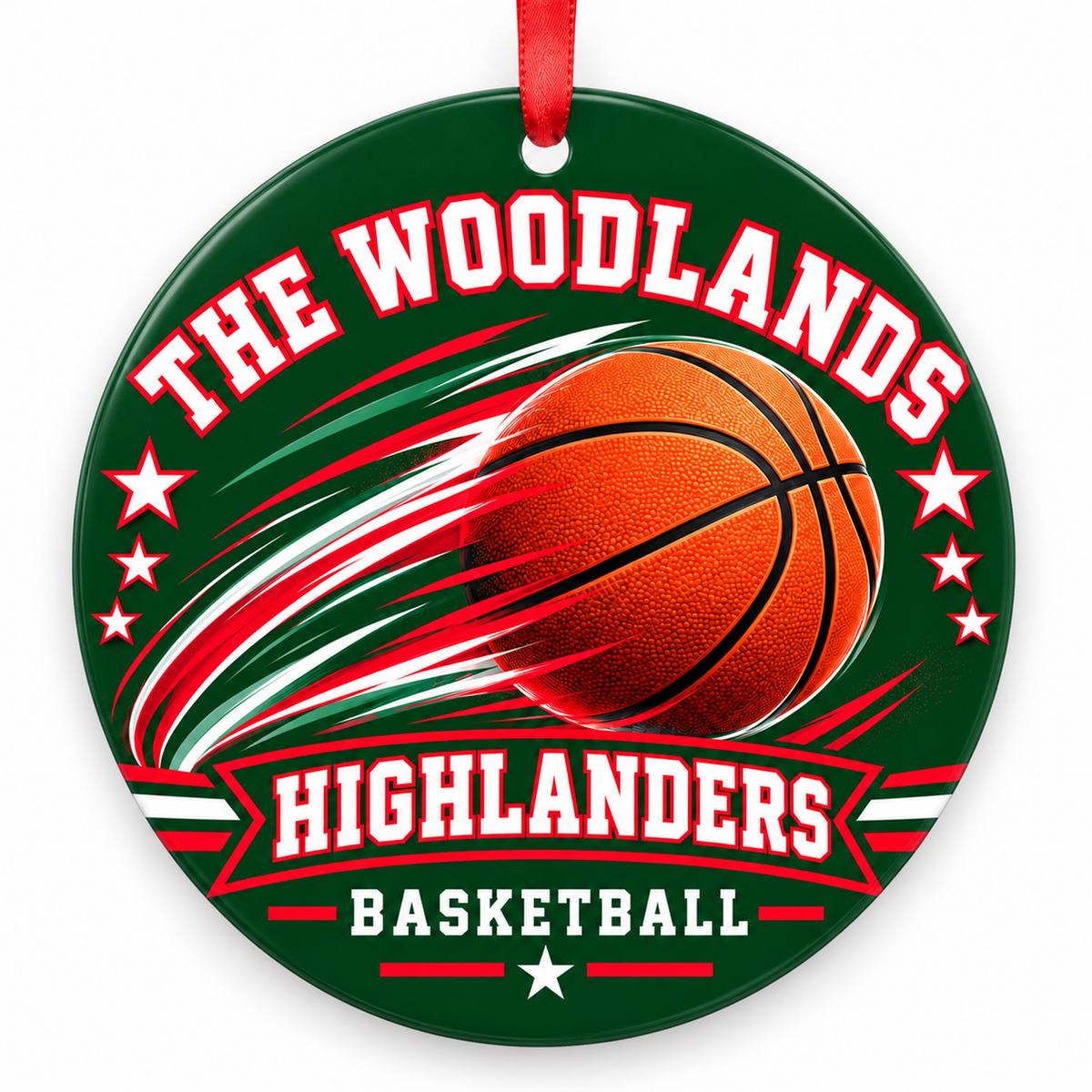 The Woodlands High School Highlanders Basketball Motion ornament in hunter green, red, and white
