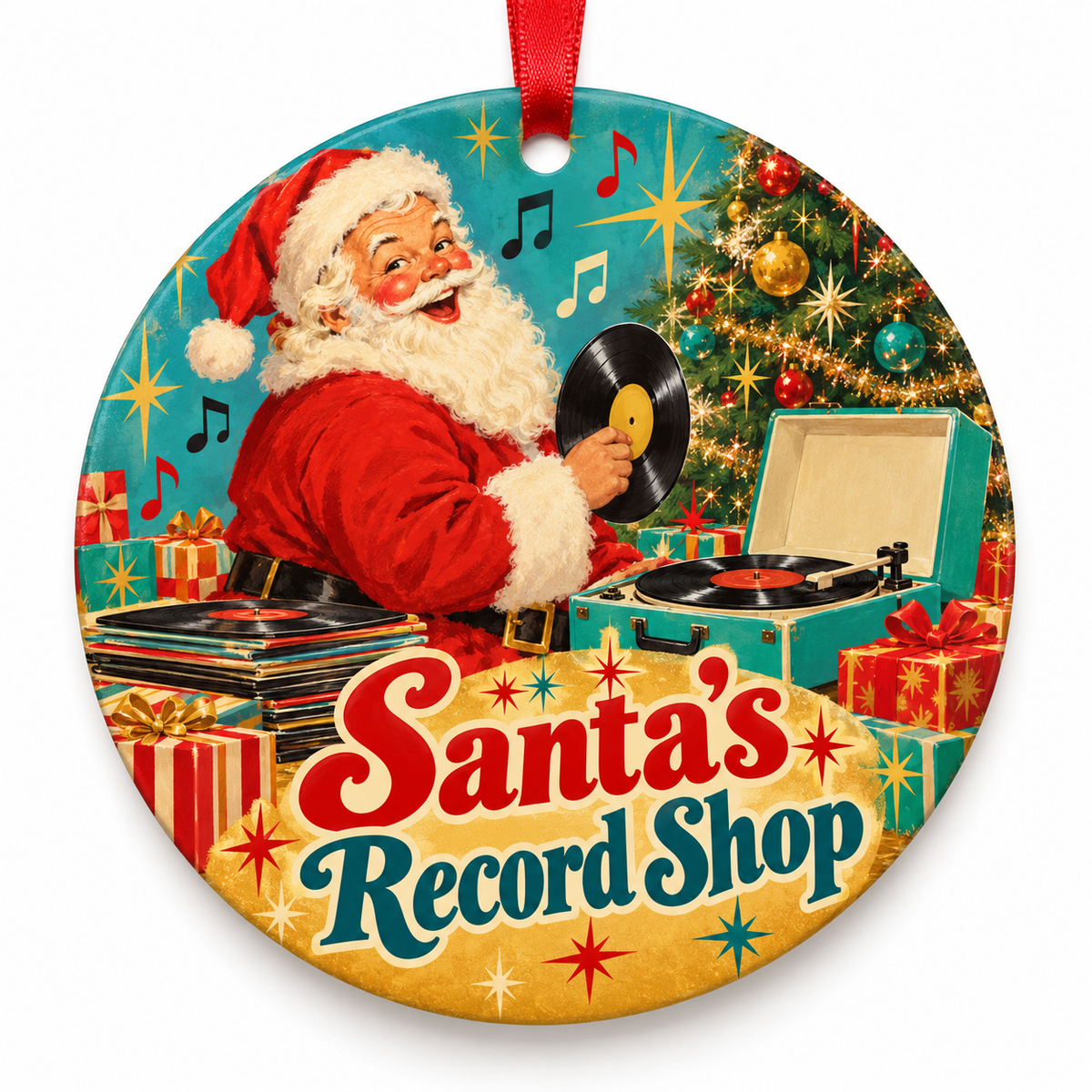 Santa's Record Shop retro Christmas ornament