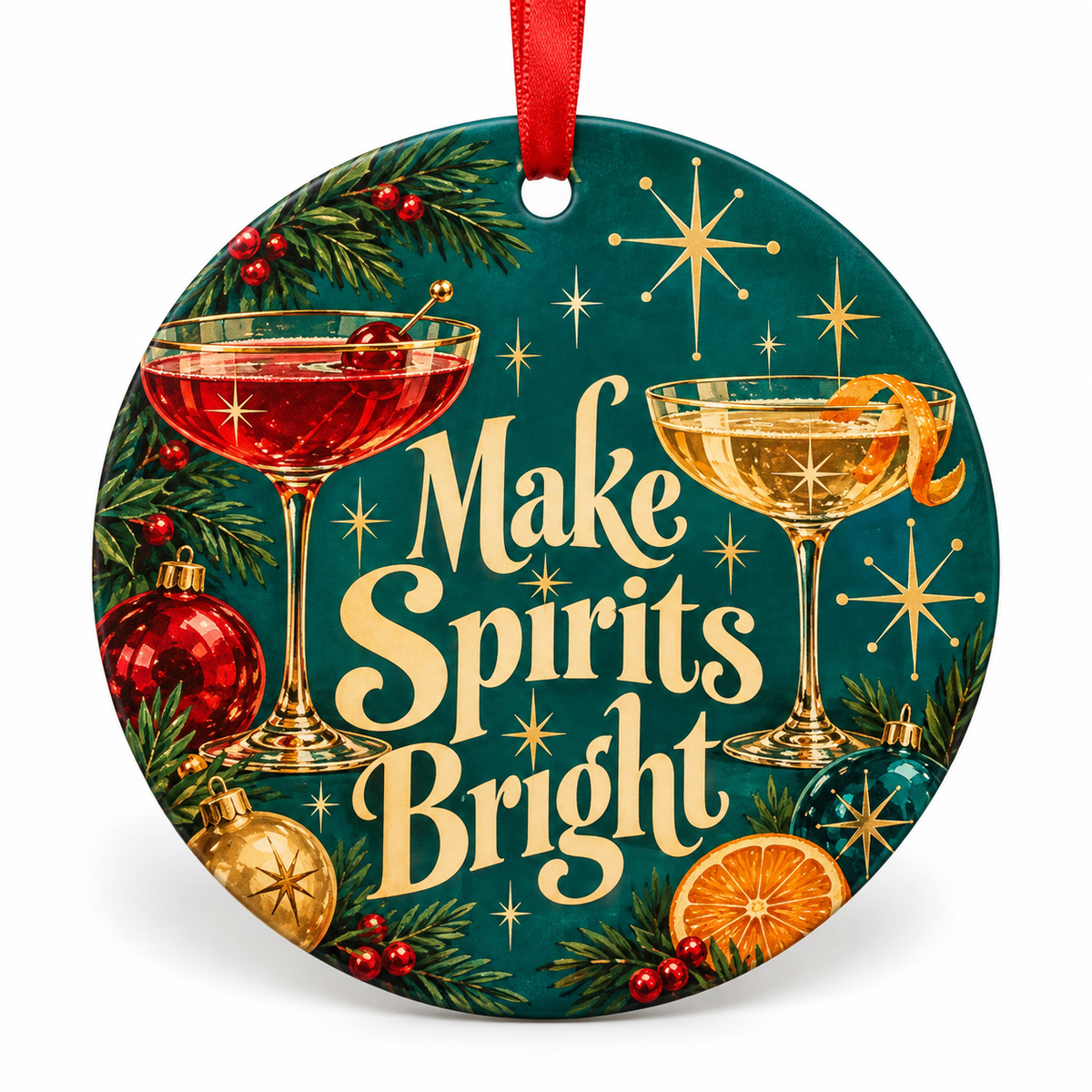 Make Spirits Bright retro Christmas ornament
