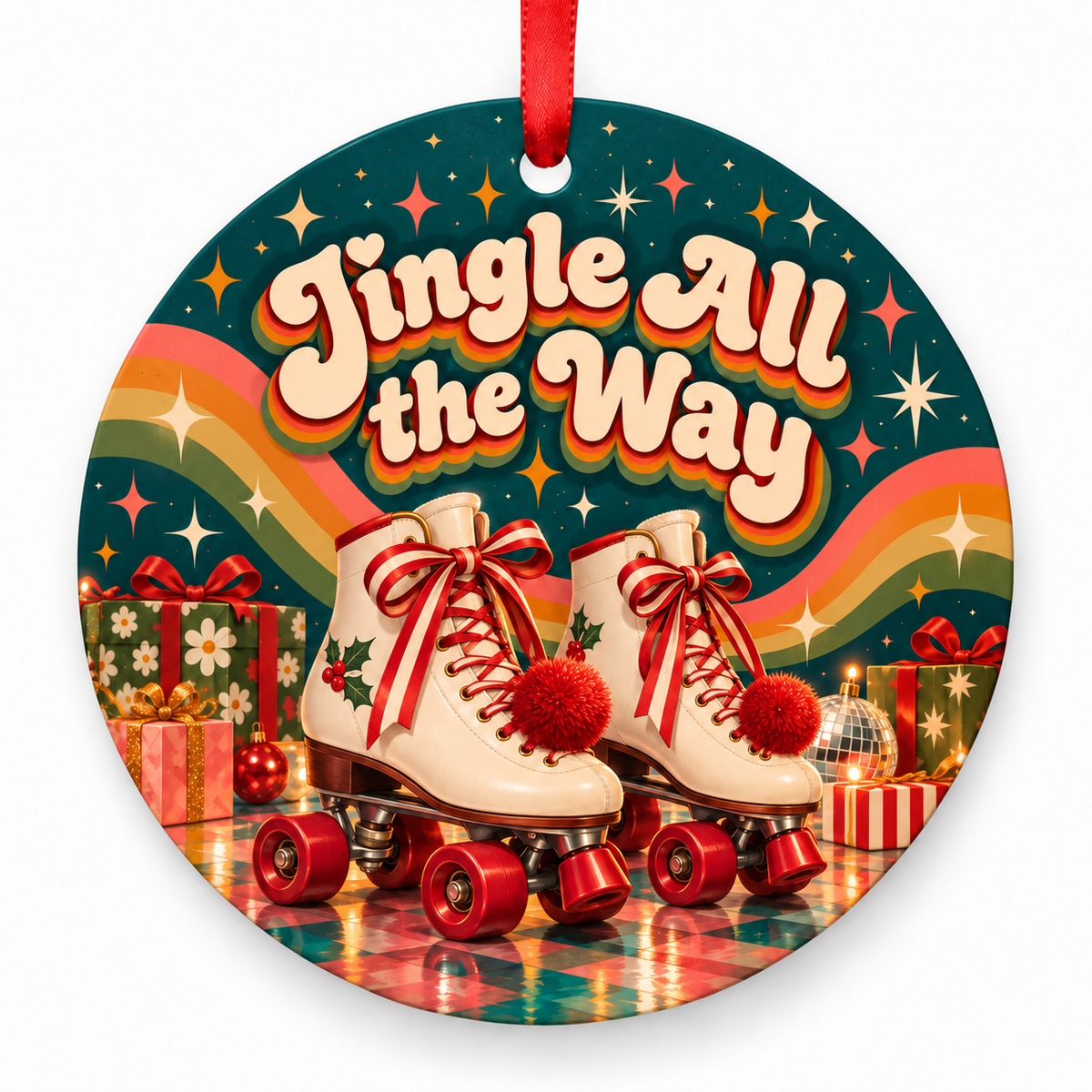 Jingle All the Way – round Retro 1970s Christmas ornament with red hanging ribbon