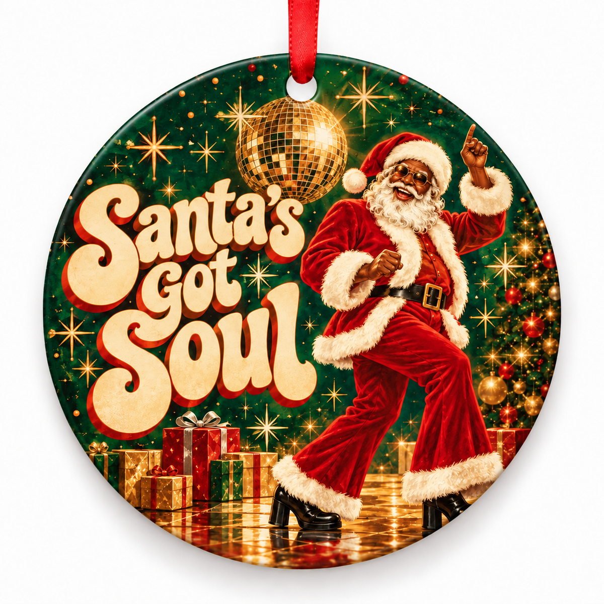 Santa’s Got Soul – round Retro 1970s Christmas ornament with red hanging ribbon