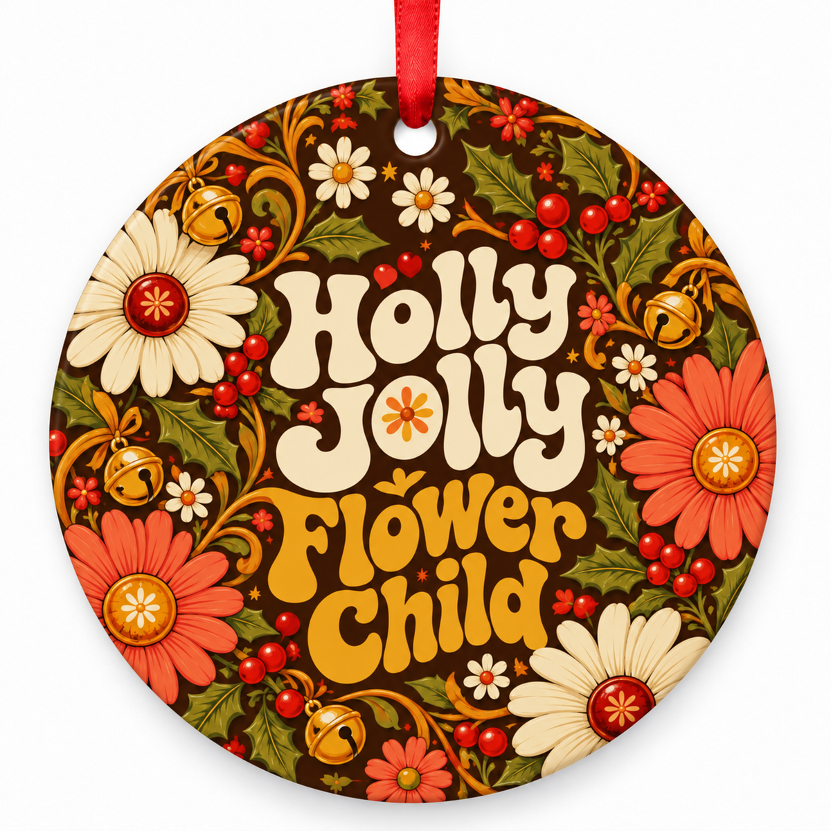 Holly Jolly Flower Child – round Retro 1970s Christmas ornament with red hanging ribbon