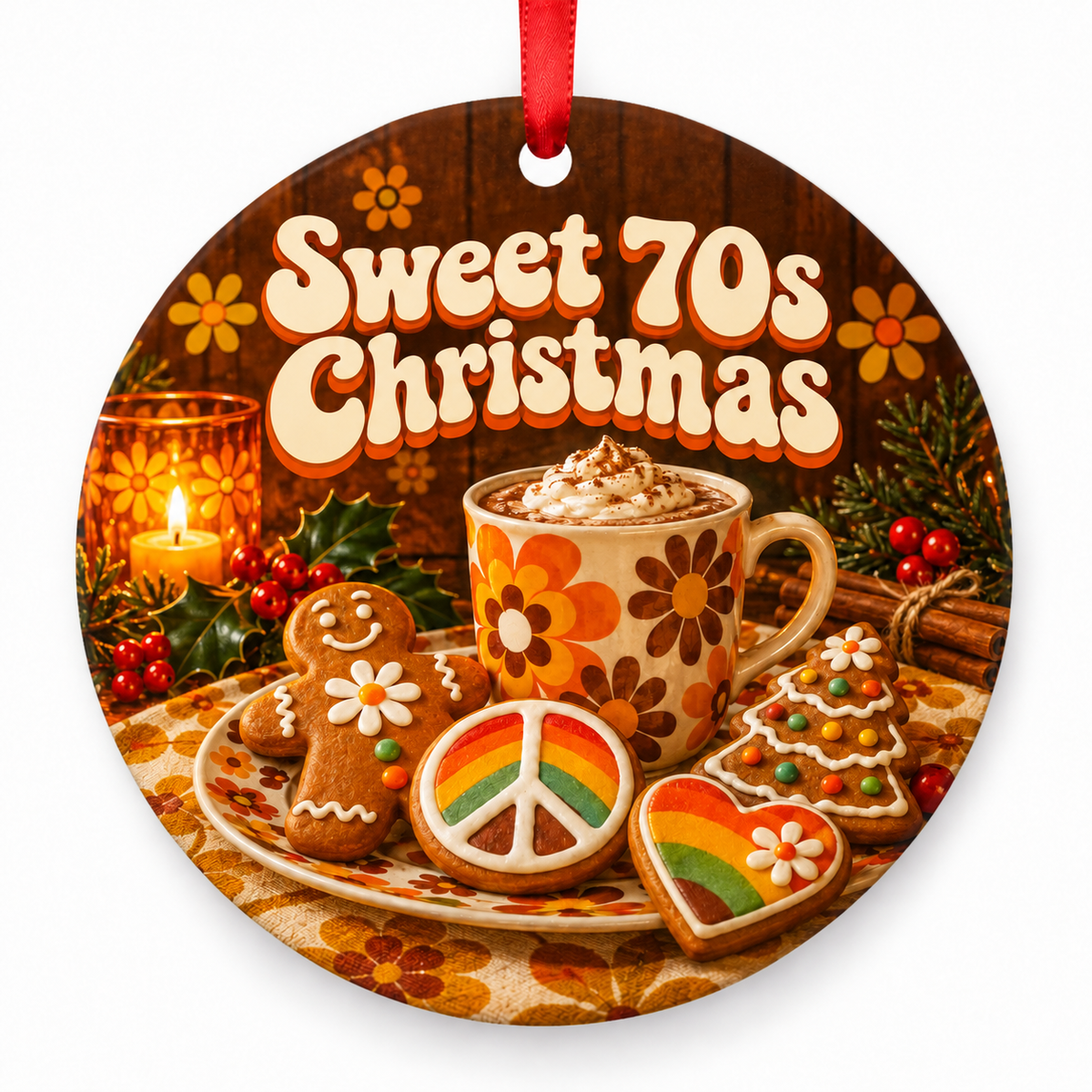 Sweet 70s Christmas – round Retro 1970s Christmas ornament with red hanging ribbon