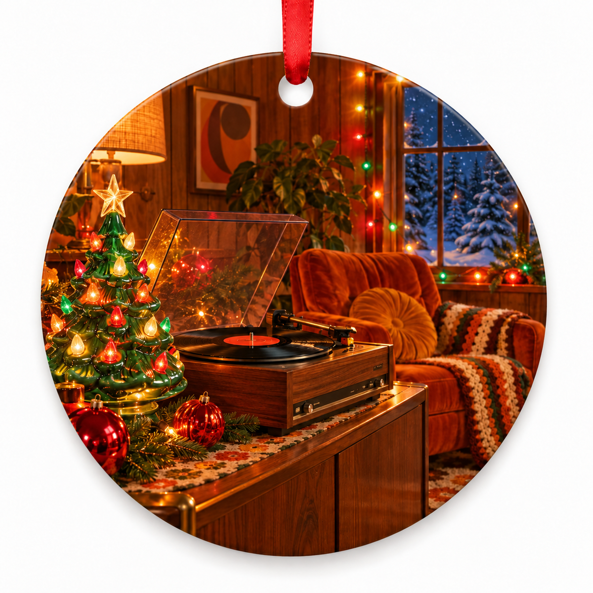 A Very Vinyl Christmas – round Retro 1970s Christmas ornament with red hanging ribbon