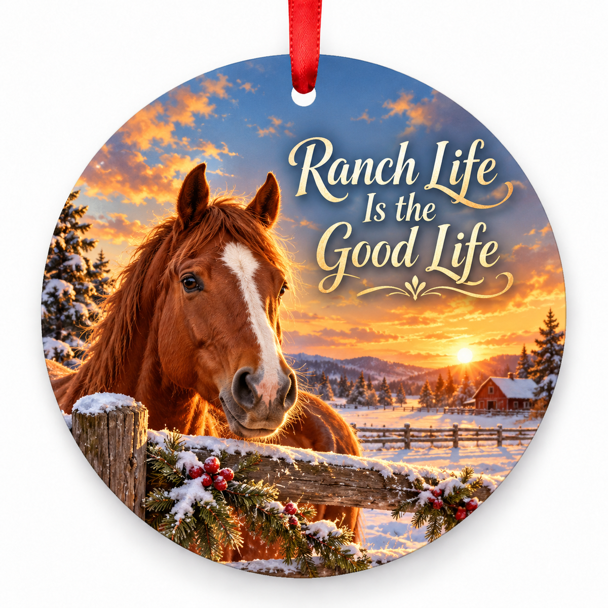 Ranch Life Is the Good Life round Christmas ornament with red ribbon