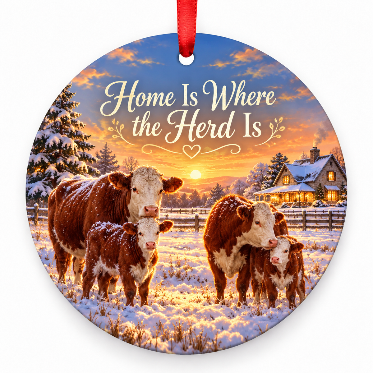 Home Is Where the Herd Is round Christmas ornament with red ribbon