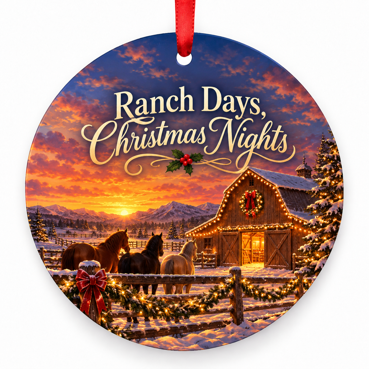 Ranch Days, Christmas Nights round Christmas ornament with red ribbon